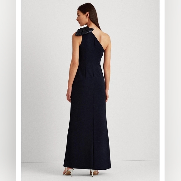 Lauren Ralph Lauren Crepe One Shoulder Evening Gown with Sequined Bow - Picture 4 of 6